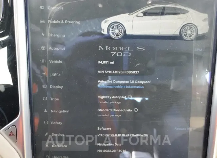 TESLA MODEL S 70 2015 vin 5YJSA1S25FF095837 from auto auction Copart