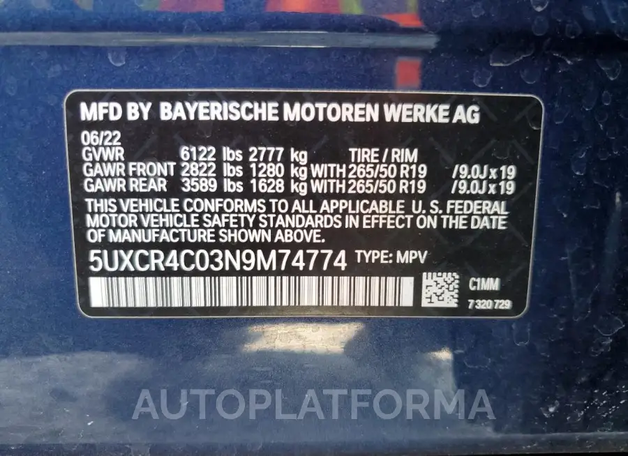 BMW X5 SDRIVE 2022 vin 5UXCR4C03N9M74774 from auto auction Copart