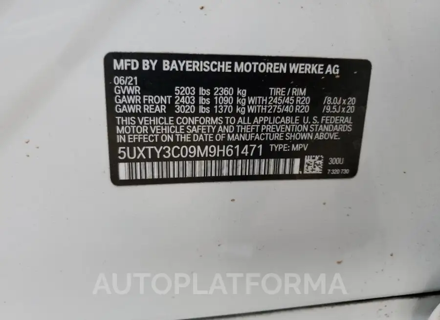 BMW X3 SDRIVE3 2021 vin 5UXTY3C09M9H61471 from auto auction Copart