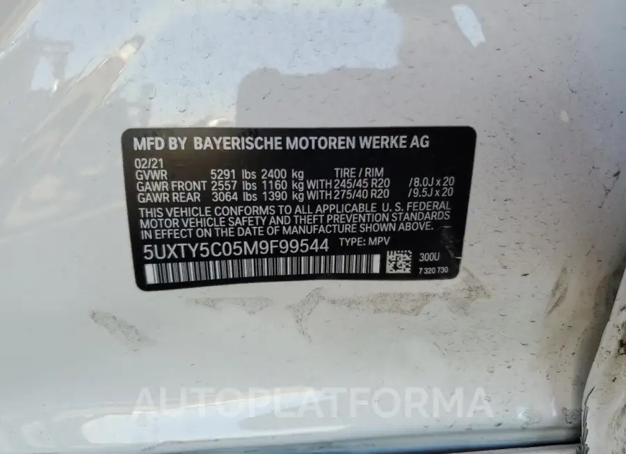 BMW X3 XDRIVE3 2021 vin 5UXTY5C05M9F99544 from auto auction Copart