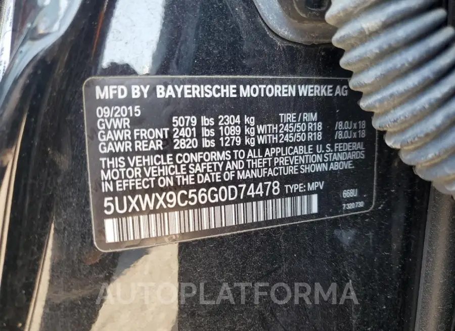 BMW X3 XDRIVE2 2016 vin 5UXWX9C56G0D74478 from auto auction Copart