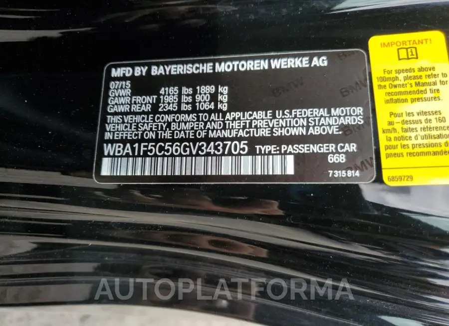 BMW 228 I 2016 vin WBA1F5C56GV343705 from auto auction Copart