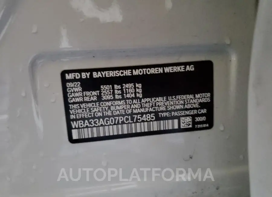 BMW 530XE 2023 vin WBA33AG07PCL75485 from auto auction Copart