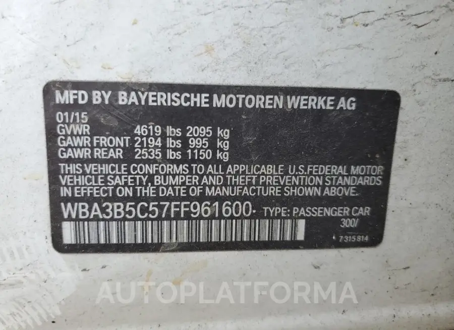 BMW 328 XI SUL 2015 vin WBA3B5C57FF961600 from auto auction Copart