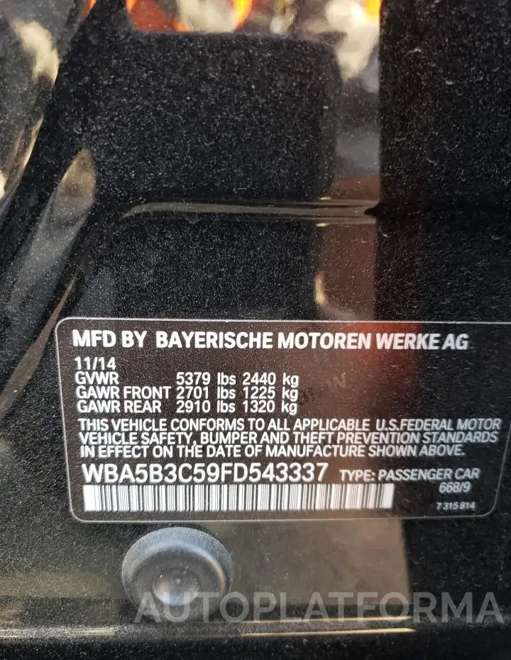 BMW 535 XI 2015 vin WBA5B3C59FD543337 from auto auction Copart