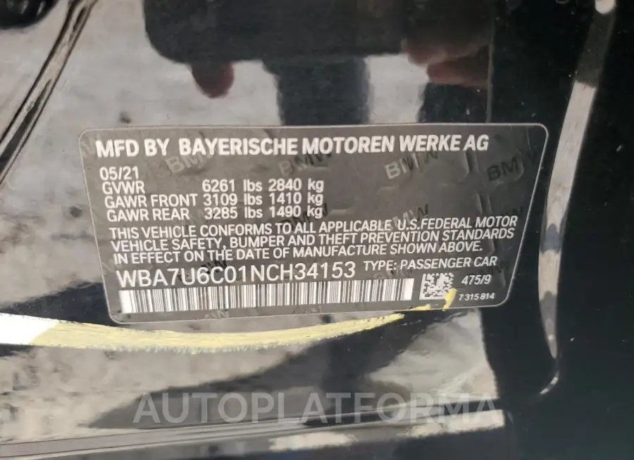 BMW M760 XI 2022 vin WBA7U6C01NCH34153 from auto auction Copart