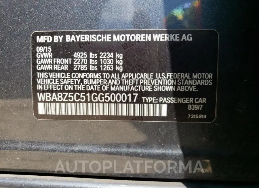 BMW 328 XIGT S 2016 vin WBA8Z5C51GG500017 from auto auction Copart