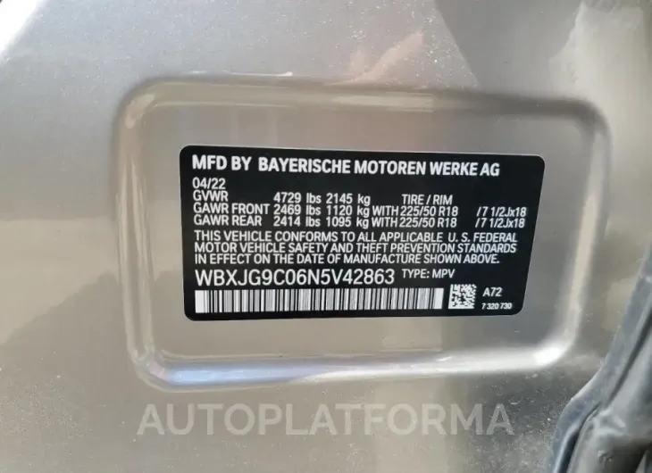 BMW X1 XDRIVE2 2022 vin WBXJG9C06N5V42863 from auto auction Copart