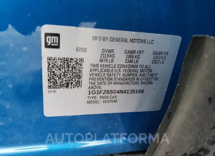 CHEVROLET BOLT EUV P 2022 vin 1G1FZ6S04N4135166 from auto auction Copart