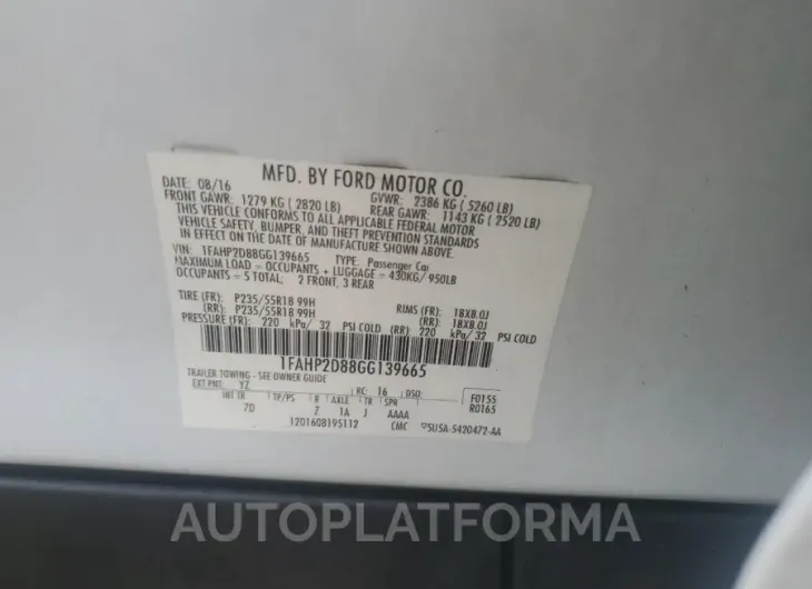 FORD TAURUS SE 2016 vin 1FAHP2D88GG139665 from auto auction Copart