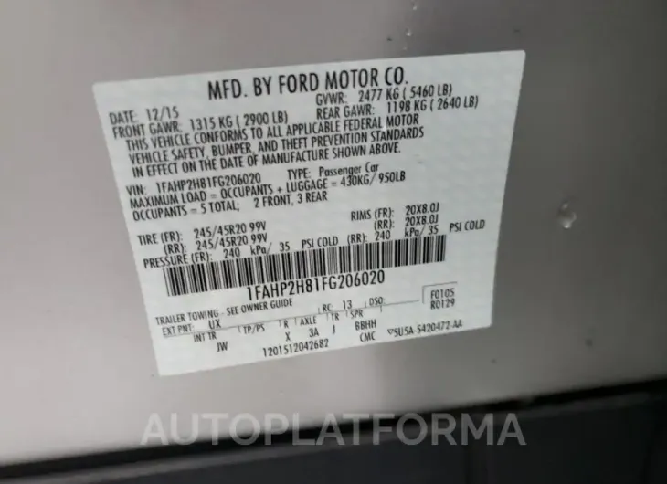 FORD TAURUS SEL 2015 vin 1FAHP2H81FG206020 from auto auction Copart