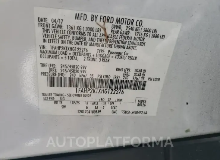 FORD TAURUS SHO 2017 vin 1FAHP2KTXHG122276 from auto auction Copart