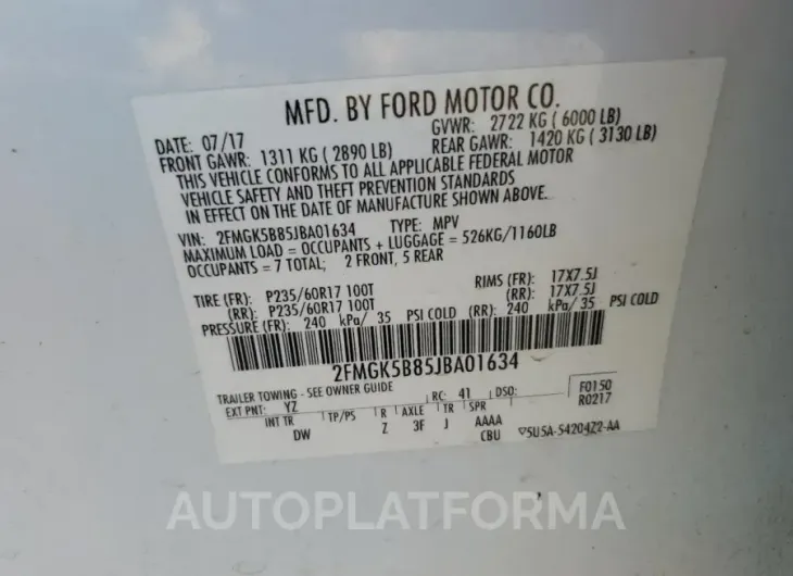 FORD FLEX SE 2018 vin 2FMGK5B85JBA01634 from auto auction Copart