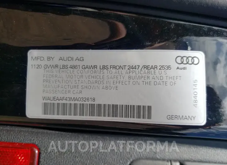 AUDI A4 PREMIUM 2021 vin WAUEAAF43MA032618 from auto auction Copart