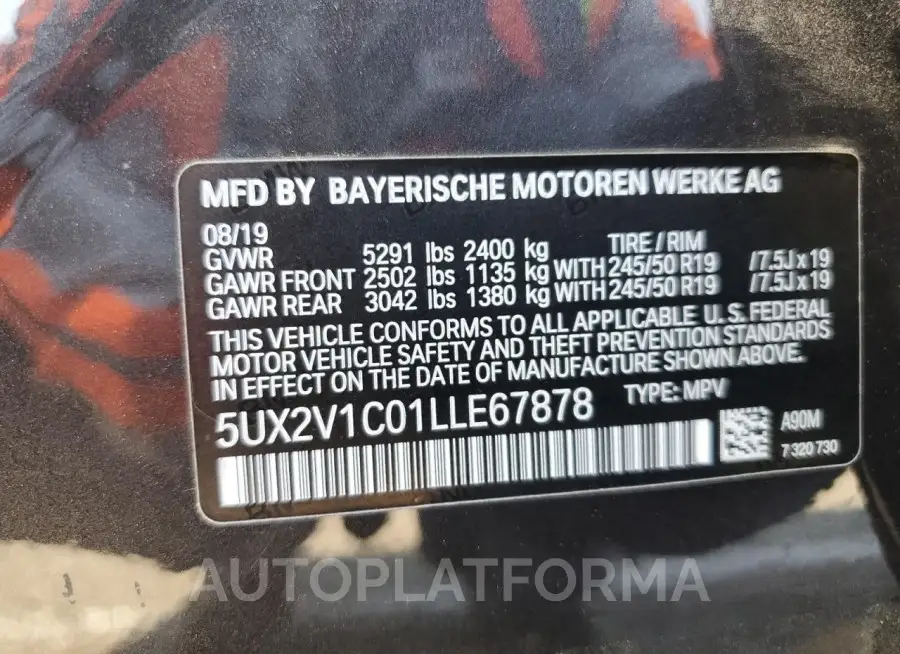 BMW X4 XDRIVE3 2020 vin 5UX2V1C01LLE67878 from auto auction Copart