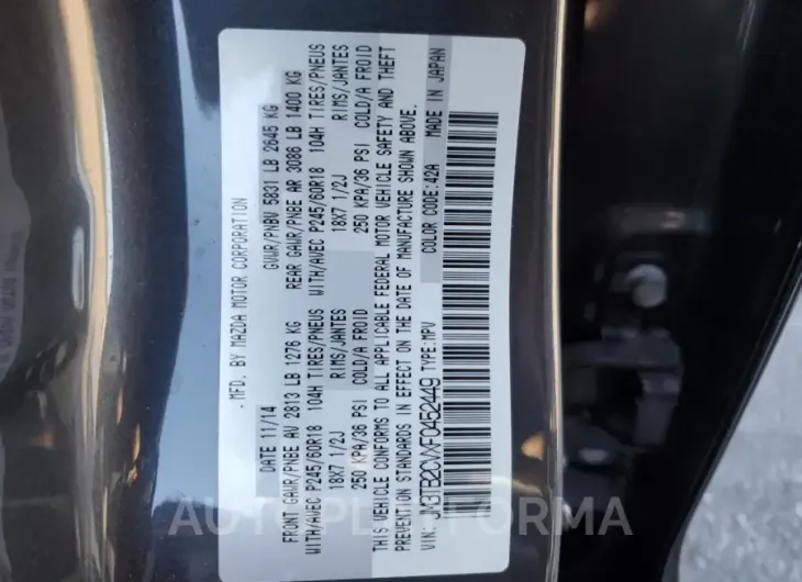 MAZDA CX-9 2015 vin JM3TB2CVXF0452449 from auto auction Copart