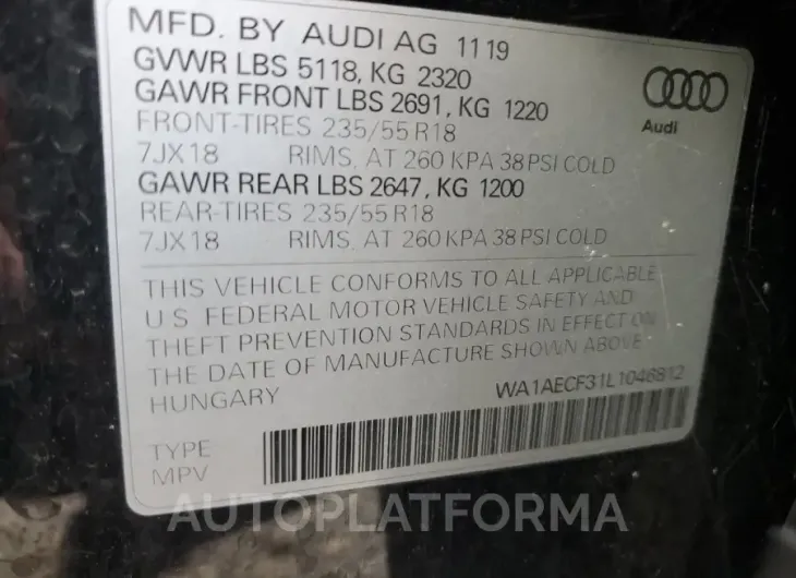 AUDI Q3 PREMIUM 2020 vin WA1AECF31L1046812 from auto auction Copart