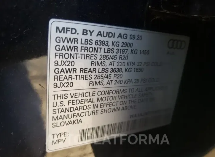 AUDI Q7 PREMIUM 2021 vin WA1AJAF7XMD014637 from auto auction Copart