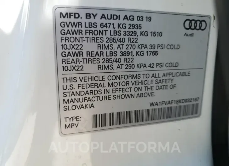 AUDI Q8 PRESTIG 2019 vin WA1FVAF18KD032167 from auto auction Copart