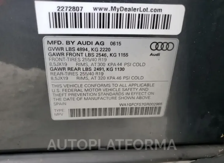 AUDI Q3 PRESTIG 2016 vin WA1GFCFS7GR002965 from auto auction Copart