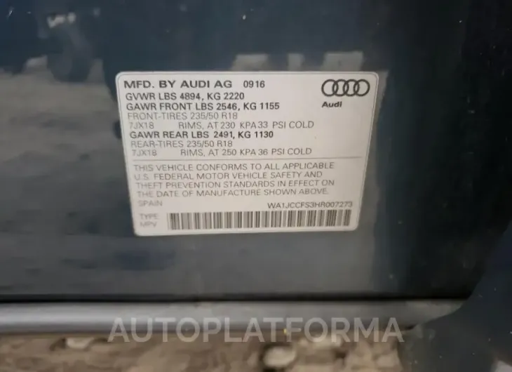 AUDI Q3 PREMIUM 2017 vin WA1JCCFS3HR007273 from auto auction Copart