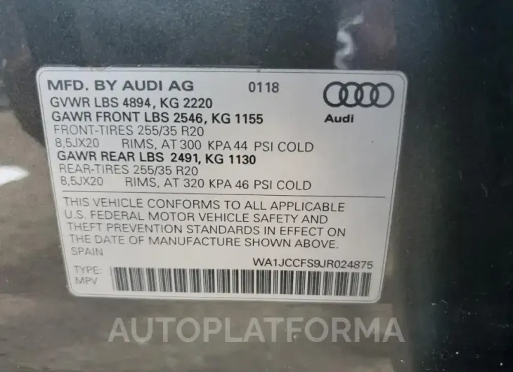 AUDI Q3 PREMIUM 2018 vin WA1JCCFS9JR024875 from auto auction Copart