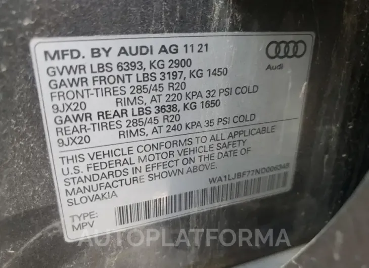 AUDI Q7 PREMIUM 2022 vin WA1LJBF77ND006348 from auto auction Copart