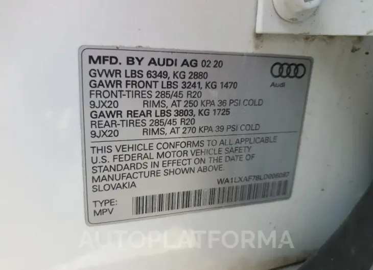 AUDI Q7 PREMIUM 2020 vin WA1LXAF78LD006087 from auto auction Copart