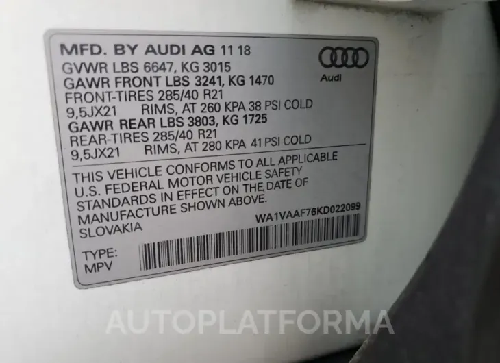 AUDI Q7 PRESTIG 2019 vin WA1VAAF76KD022099 from auto auction Copart