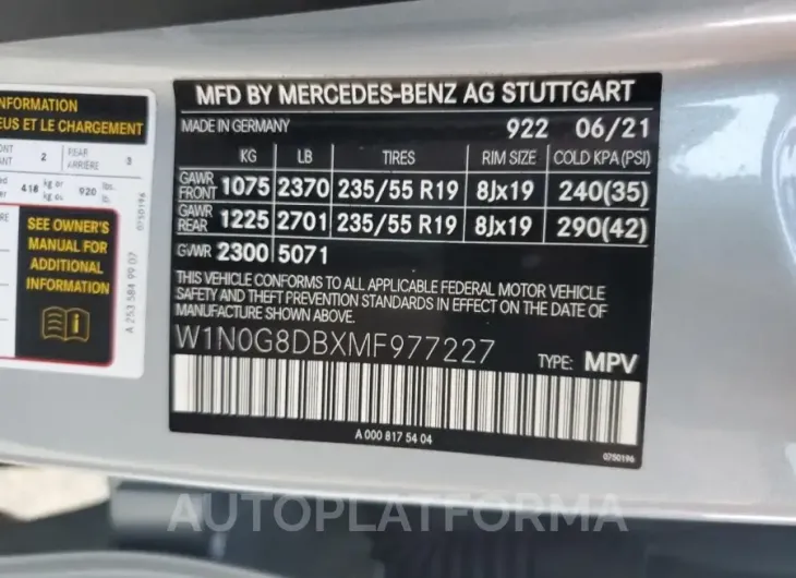 MERCEDES-BENZ GLC 300 2021 vin W1N0G8DBXMF977227 from auto auction Copart