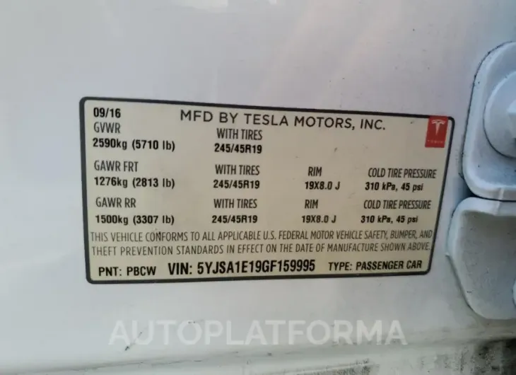 TESLA MODEL S 2016 vin 5YJSA1E19GF159995 from auto auction Copart