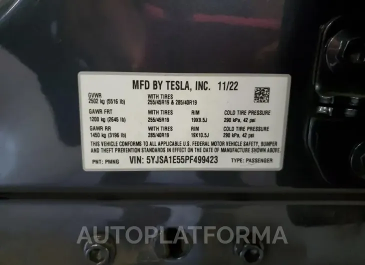 TESLA MODEL S 2023 vin 5YJSA1E55PF499423 from auto auction Copart