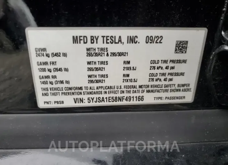 TESLA MODEL S 2022 vin 5YJSA1E58NF491166 from auto auction Copart