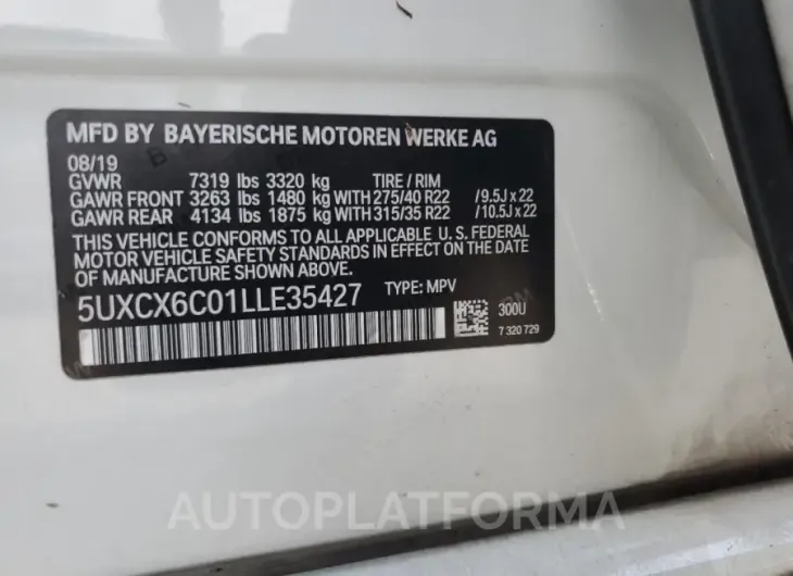 BMW X7 M50I 2020 vin 5UXCX6C01LLE35427 from auto auction Copart