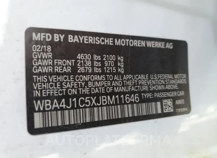 BMW 430I GRAN 2018 vin WBA4J1C5XJBM11646 from auto auction Copart