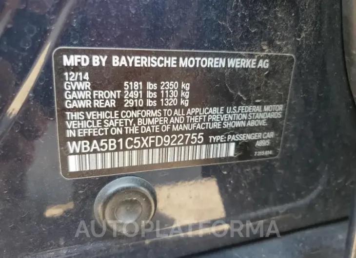 BMW 535 I 2015 vin WBA5B1C5XFD922755 from auto auction Copart