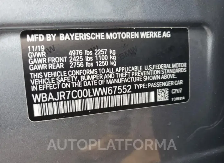 BMW 530 XI 2020 vin WBAJR7C00LWW67552 from auto auction Copart