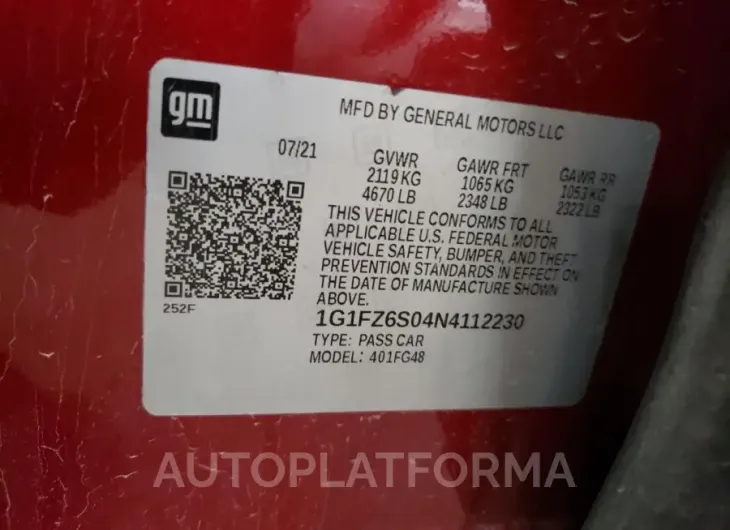 CHEVROLET BOLT EUV P 2022 vin 1G1FZ6S04N4112230 from auto auction Copart