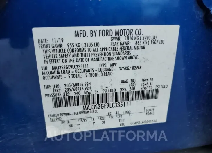 FORD ECOSPORT S 2020 vin MAJ3S2GE9LC335111 from auto auction Copart