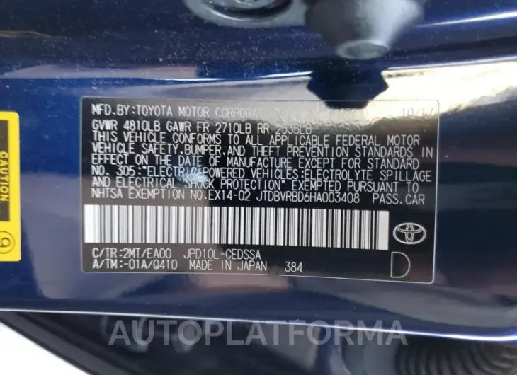 TOYOTA MIRAI 2017 vin JTDBVRBD6HA003408 from auto auction Copart