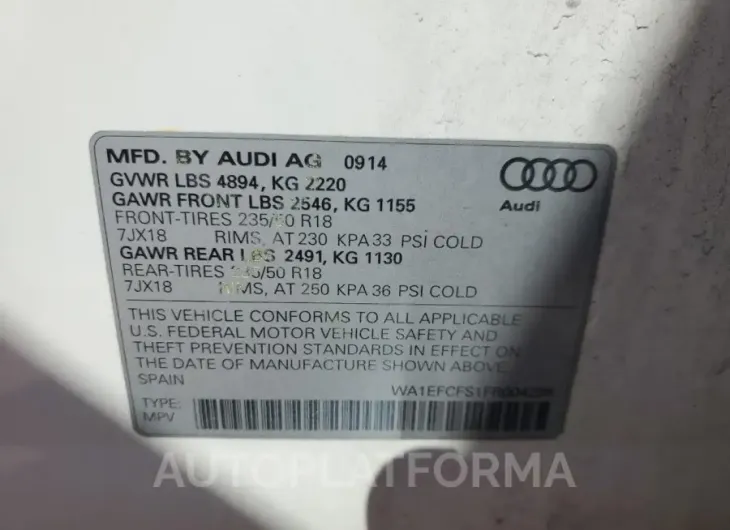 AUDI Q3 PREMIUM 2015 vin WA1EFCFS1FR004295 from auto auction Copart