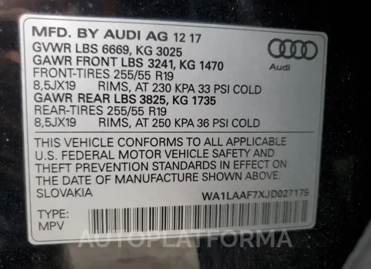 AUDI Q7 PREMIUM 2018 vin WA1LAAF7XJD027179 from auto auction Copart