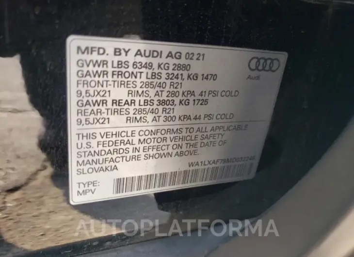 AUDI Q7 PREMIUM 2021 vin WA1LXAF79MD032246 from auto auction Copart