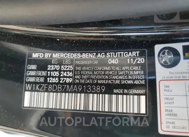 MERCEDES-BENZ E 350 2021 vin W1KZF8DB7MA913389 from auto auction Copart