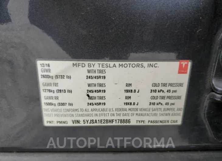 TESLA MODEL S 2017 vin 5YJSA1E28HF178886 from auto auction Copart