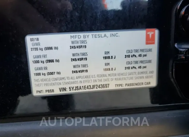 TESLA MODEL S 2018 vin 5YJSA1E43JF243697 from auto auction Copart