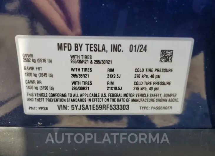 TESLA MODEL S 2024 vin 5YJSA1E59RF533303 from auto auction Copart