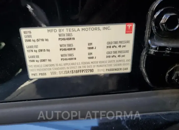 TESLA MODEL S 60 2015 vin 5YJSA1S16FFP72790 from auto auction Copart