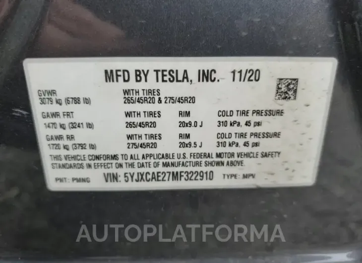 TESLA MODEL X 2021 vin 5YJXCAE27MF322910 from auto auction Copart