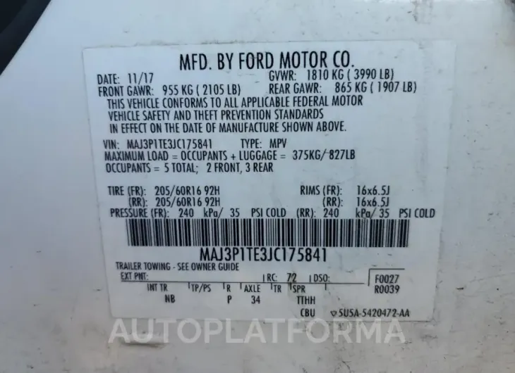 FORD ECOSPORT S 2018 vin MAJ3P1TE3JC175841 from auto auction Copart